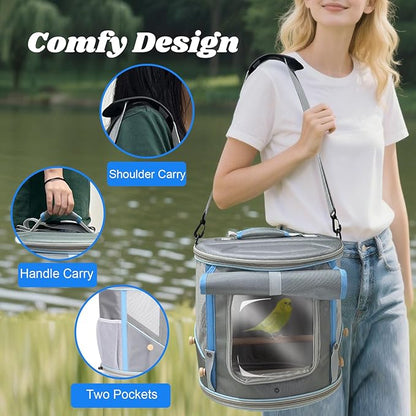 Bird Travel Carrier Cage for Small to Medium Size, Portable Parrot Parakeet Cockatile Conure Transport Cage with Clear Window and Fabric Shade, Round Carry Bird Bag