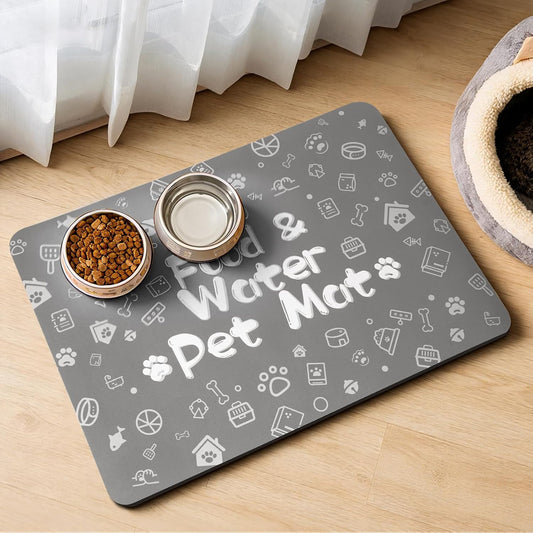 Pet Feeding Mat,Dog Cat Mat for Food and Water,Dog Bowl Waterproof Placemat with Rubber Backing,Absorbent Quick Dry Water Dispenser Mat for Pet（Dark Gray 16"×24"）
