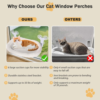 Cat Window Perch with 6 Strong Suction Cups,Includes Summer and Winter Removable Cushion - No Drill Installation,50LBS Support Foldable Cordless Cat Beds for Indoor Cats(Medium)