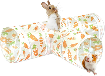LUCKITTY Rabbit Tunnel Toy, Collapsible 3-Way Hideout Tunnel with Chew Toys for Rabbits, Guinea Pigs, Ferrets, Kittens & Small Pets - Orange & White Carrot Design (33"x20"x9.5")