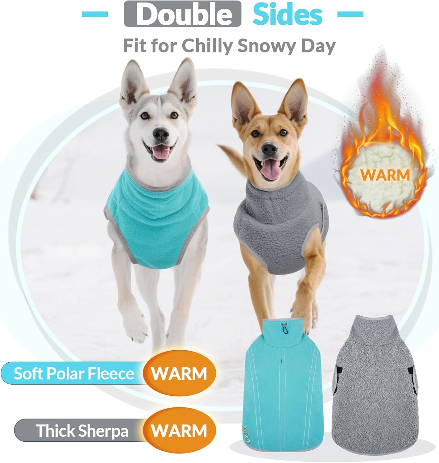 ROZKITCH Reversible Fleece Lined Dog Coat Super Warm Fleece Sherpa Sweater with Embroidery, Adjustable Double-Sided Plush Sweatshirt for Small Medium Breeds Bluegreen XL