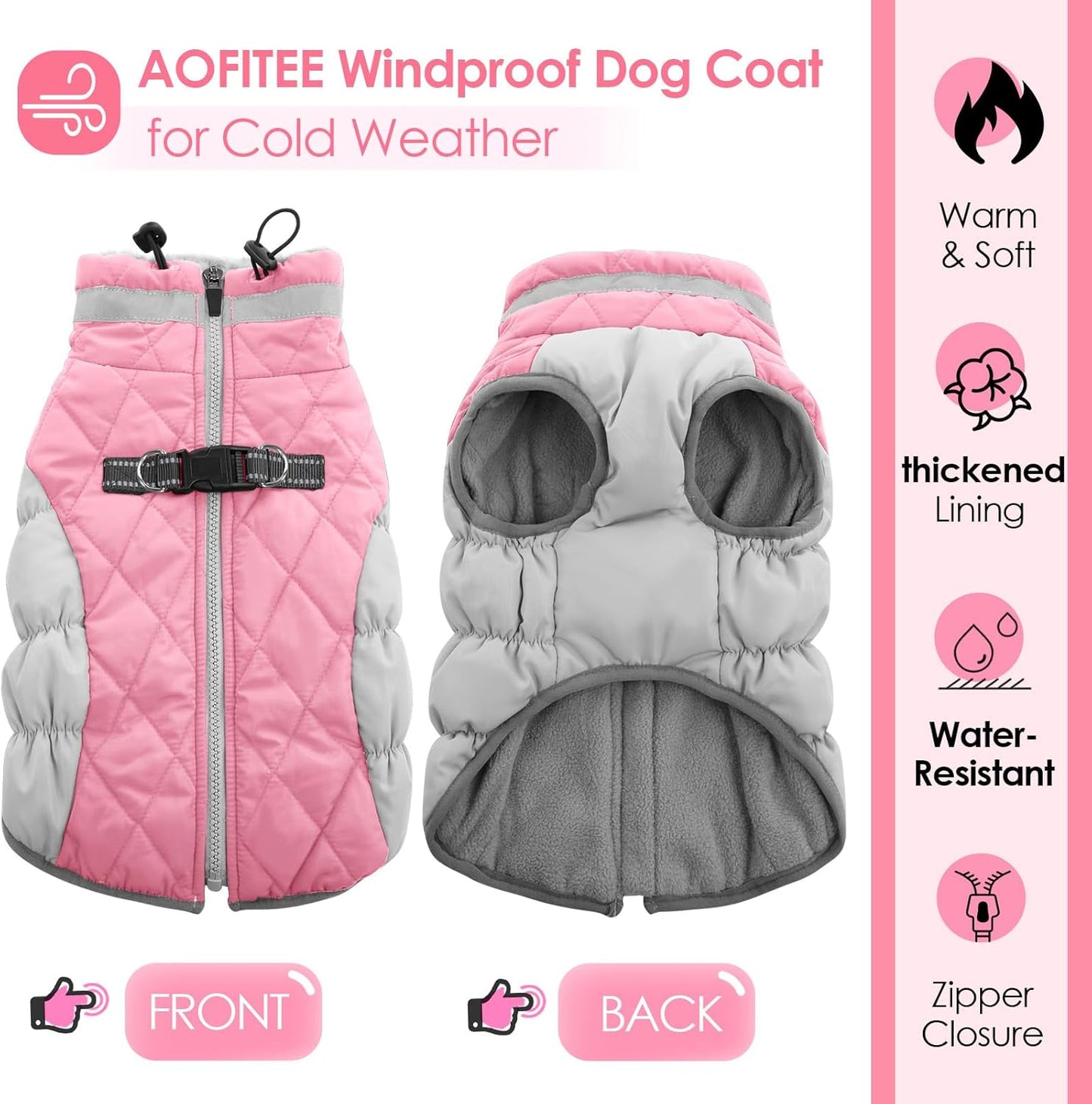 AOFITEE Dog Coat, Warm Dog Winter Coat for Small Dogs, Reflective Turtleneck Dogs Jacket with Harness Built in, Waterproof Windproof Pet Fleece Vest Snow Jacket for Cold Weather, Pink S