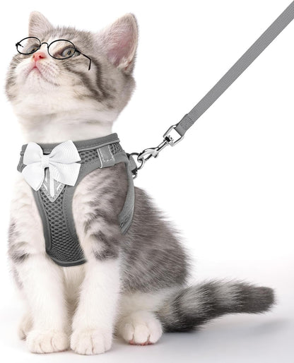 Cat Vest Harness and Leash Set for Walking Escape Proof, Adjustable Kitten Harness Breathable Mesh with Reflective Strips Harness for Kitty Puppy Bunny (Grey,S)