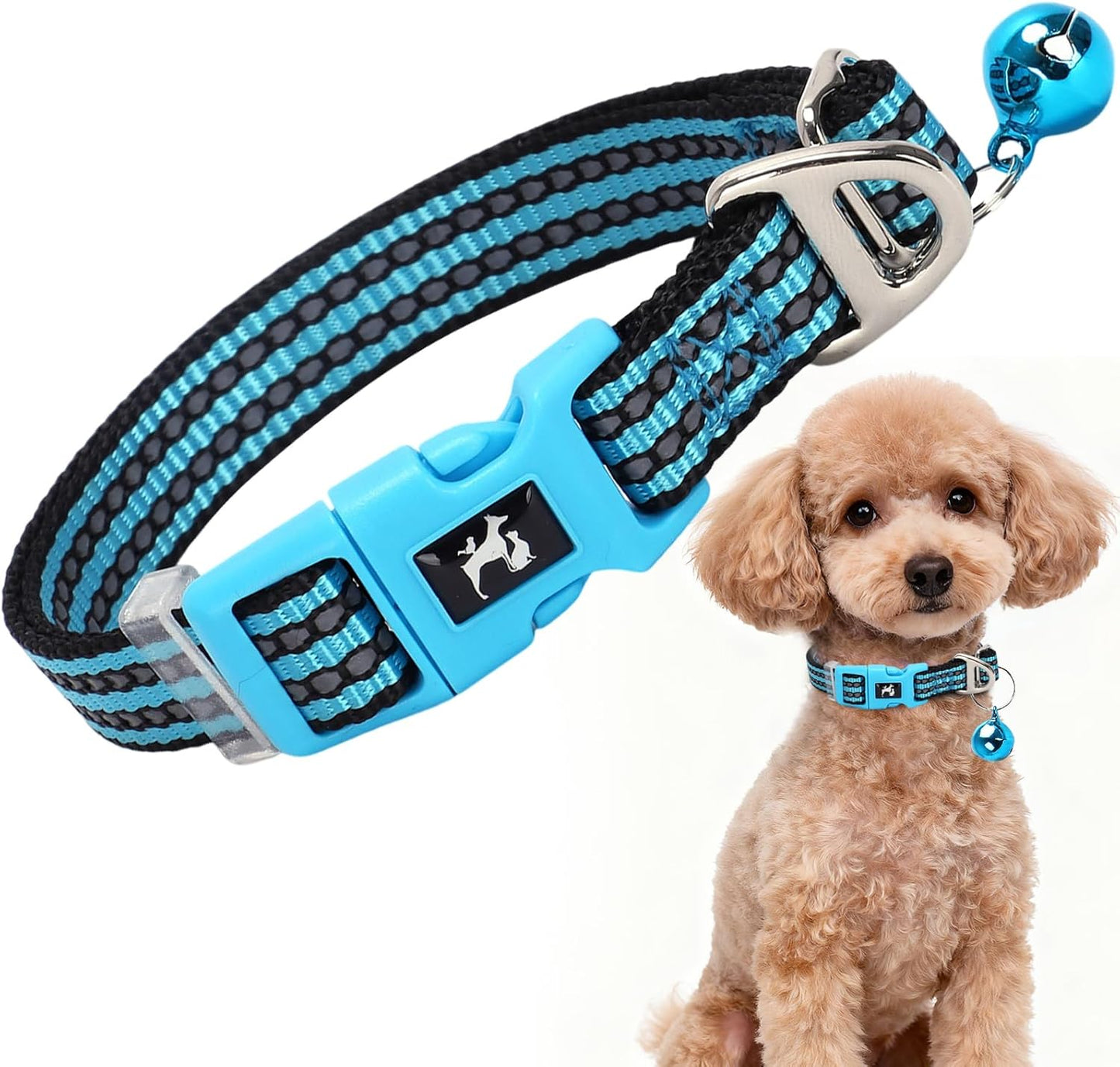 Reflective Dog Collar with Bell - Hypoallergenic Adjustable Nylon Puppy Collar for Night Safety, Soft Comfort Fit Small Dogs & Cats, Blue Small