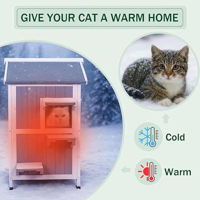 GEGURI Outdoor Heated Cat House Winter-Proof, Two-Story Insulated Shelter for Feral Cats with Thermal Layer, Removable Roof, Balcony & Escape Door