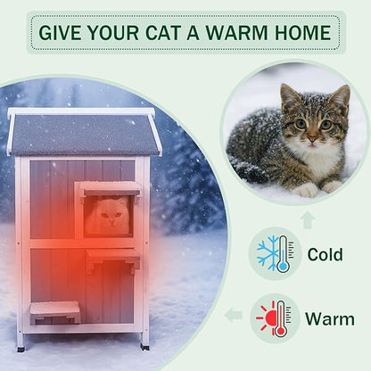 GEGURI Outdoor Heated Cat House Winter-Proof, Two-Story Insulated Shelter for Feral Cats with Thermal Layer, Removable Roof, Balcony & Escape Door