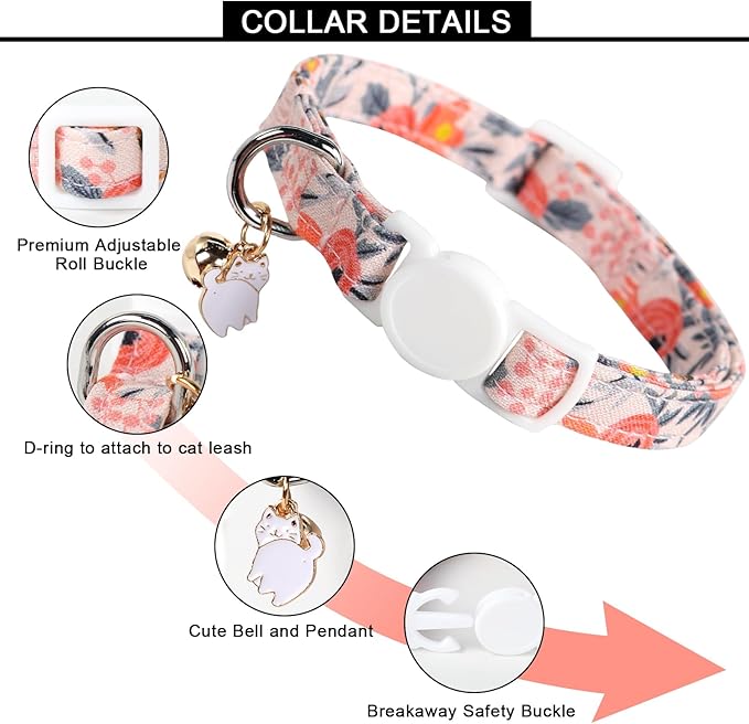 Unique style paws 2 Pack Kitten Collar Breakaway with Bell & Pendant, Adjustable Safety Cat Cotton Collars for Girl Boy Cats and Small Pets