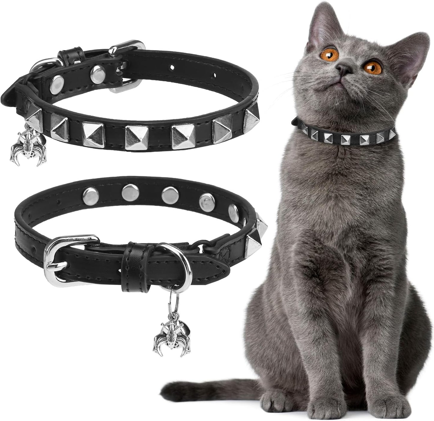 EXPAWLORER Halloween Leather Cat Collar - Adjustable Pet Collar with Rivet Spike for Girl Boy Cats, Punk Accessories with Bell & Durable D-Ring,Silver Square Nails