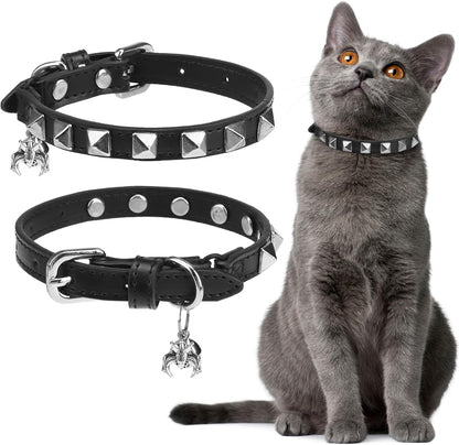 EXPAWLORER Halloween Leather Cat Collar - Adjustable Pet Collar with Rivet Spike for Girl Boy Cats, Punk Accessories with Bell & Durable D-Ring,Silver Square Nails