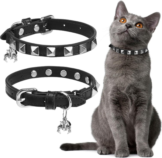EXPAWLORER Halloween Leather Cat Collar - Adjustable Pet Collar with Rivet Spike for Girl Boy Cats, Punk Accessories with Bell & Durable D-Ring,Silver Square Nails
