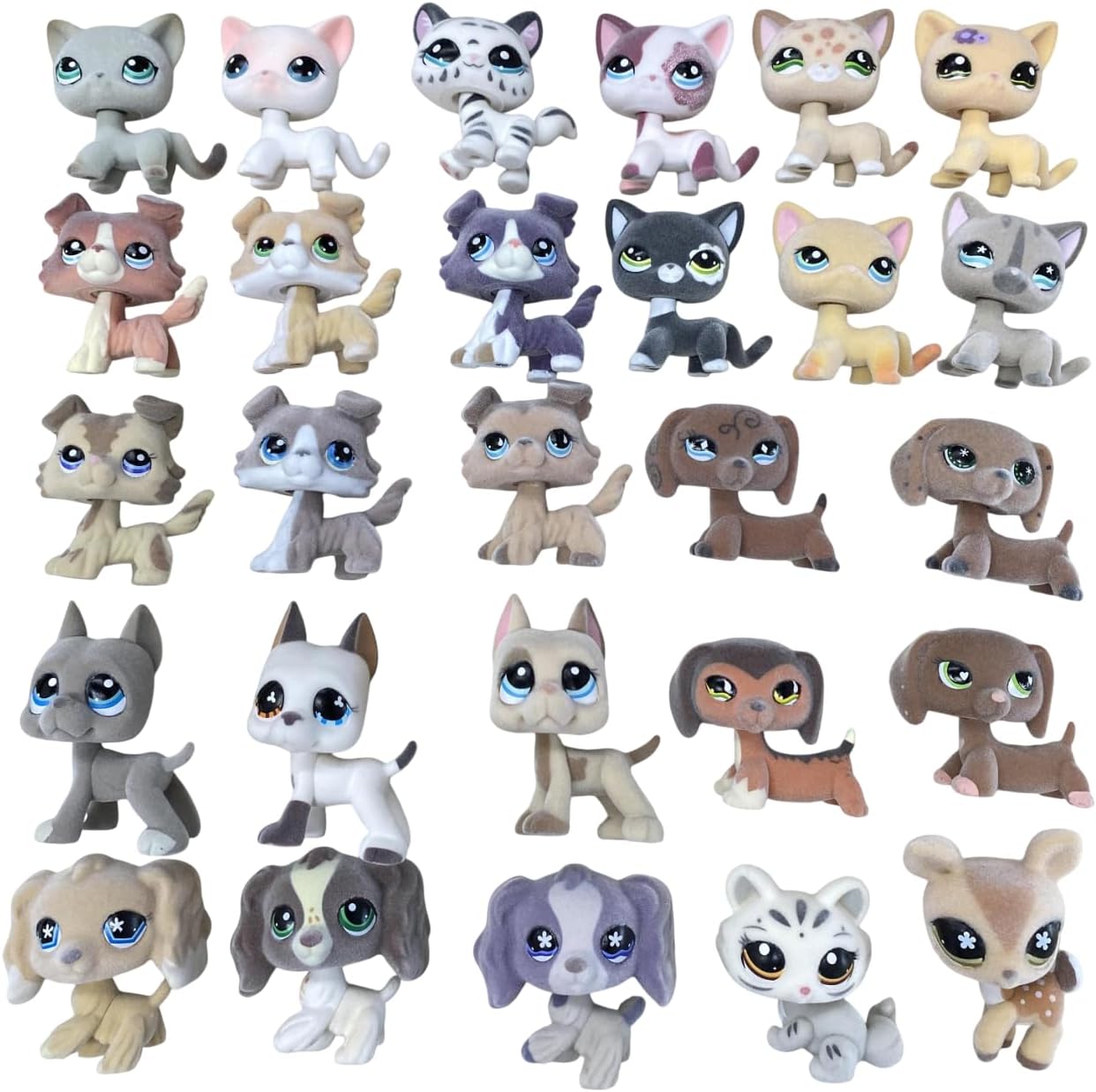 6PCS Custom-Made Flocked Old Pet Shop Toys Set Fuzzy Animal Figure Pack Short Hair Cat Dog Collie Dachshund Great dane Cocker Spaniel Lot with Neck Repair Accessories*Randomly Selected*