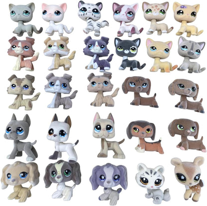 6PCS Custom-Made Flocked Old Pet Shop Toys Set Fuzzy Animal Figure Pack Short Hair Cat Dog Collie Dachshund Great dane Cocker Spaniel Lot with Neck Repair Accessories*Randomly Selected*