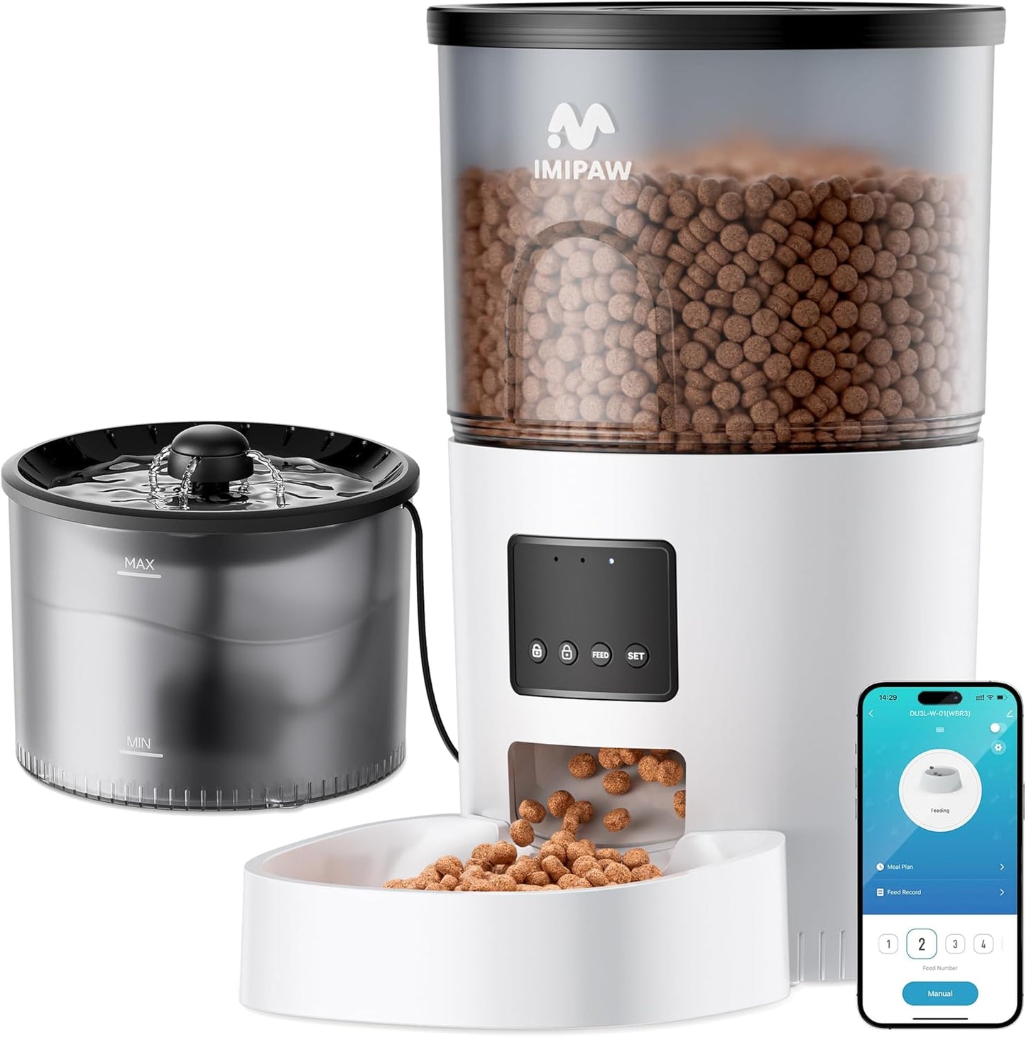 IMIPAW 5G WiFi Automatic Cat Feeder and Water Dispenser, Timed Dry Food Dispenser APP Remote Control, Programmable Portions, with Desiccant, Cat Fountains for Drinking with Filter, Small Pets (Combo)