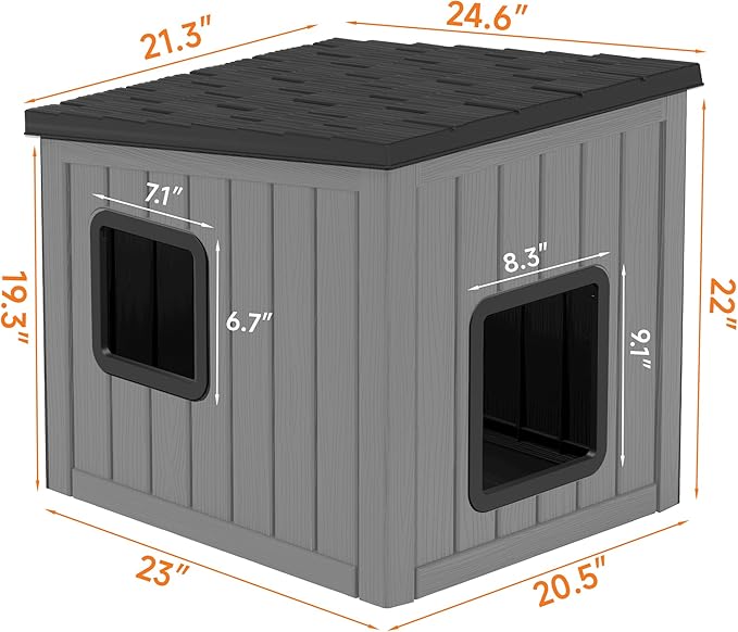 KAMABOKO Outdoor Cat House, Outside Multiple Kitty Feral Cat Houses, Weatherproof Shelter for Ferrel Cats and Dogs, Durable PP Material, Sloping Roof (Gray & Black)