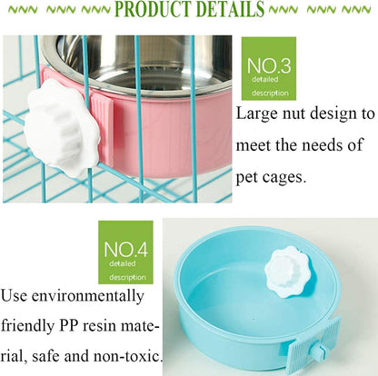 kathson Crate Dog Bowl, Removable Stainless Steel Hanging Pet Cage Bowl Food & Water Feeder Coop Cup for Cat, Puppy, Birds, Rats, Guinea Pigs 4pcs(2×Blue,1×Pink,1×Green)