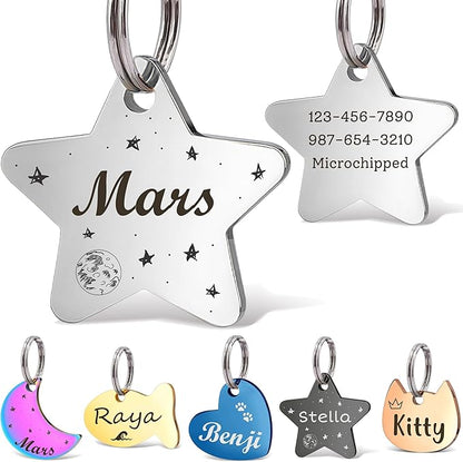 Anavia Small Size Dog Cat ID Tags, Small/XS Personalized Color Plated Stainless Steel Puppy Kitten Name Tags, Customized Engraved Nameplate Pet Collar Tag (Silver, Star)