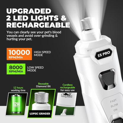 Dog Nail Grinder with 2 LED Lights Powerful 2 Speeds Super Quiet Dog Nail Trimmers with 3 Grinding Wheels Rechargeable Pet Dog Nail Clippers for Large Medium Puppy Dogs Dog Nail File Cat Nail Clipper