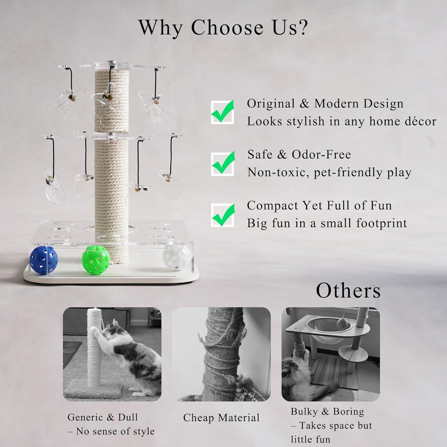 Modern 3-in-1 Interactive Cat Toy with Scratching Post, Cat Puzzle Toys for Indoor Cats with Colorful Jingle Balls, 2-Layer Spinning Teaser Disc with Dangling Toys, Acrylic, White