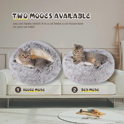 Cat Bed for Indoor Cats, Calming Cozy Cave with Self-Warming Plush, Entire Bed Machine Washable & Anti-Slip Base, Breathable Pet Bed for Small Cats&Dogs All Seasons (Khaki, 24 * 24inch)