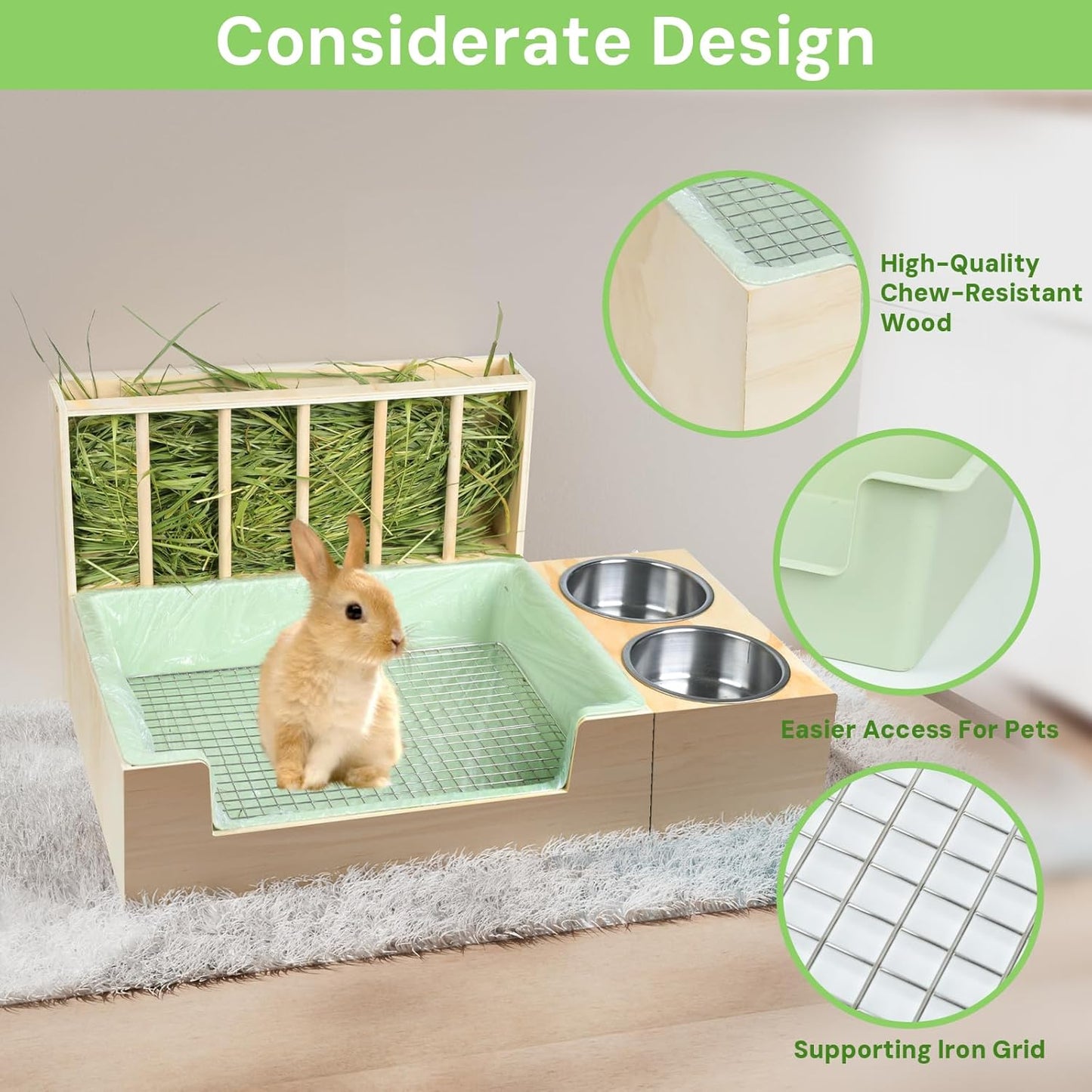 3-in-1 Steel Grids Rabbit Litter Box with Hay Feeder & Waste Collection – Bunny Toilet Training Kit, Large Plastic Potty for Rabbits, Guinea Pigs, Small Animals – Easy Clean, Durable, Odor Control