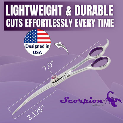 Kenchii Scorpion 7 Inch, Curved Grooming Scissors for Dogs and Pets - Premium Steel Scissors for Dog Grooming - Dog Shears Pet Grooming Accessories - Pet Hair Trimming Scissor
