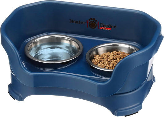 Neater Feeder Deluxe Mess Proof Cat Bowls Elevated for All Breeds – Made in USA – No Spill Raised Bowls for Indoor Cats – Stainless Steel Food and Water Bowl Set, Pet Dish Feeding Station, Dark Blue