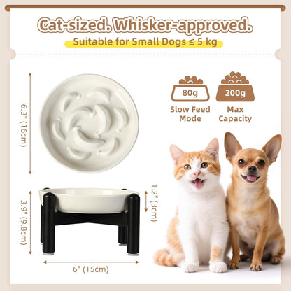 Elevated Slow Feeder Cat Bowl - Ceramic Cat Food Dish with Anti-Slip Stainless Steel Stand - Raised Maze Plate for Slow Eating - Ivory White
