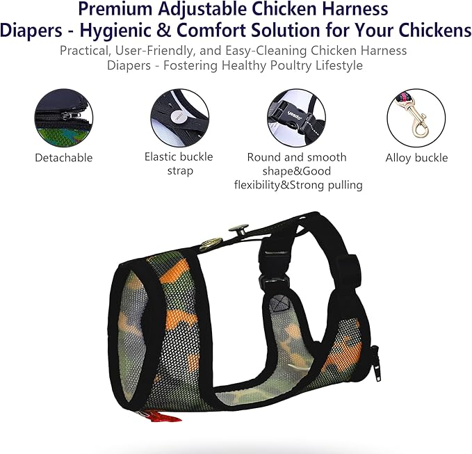 Adjustable Chicken Harness Diaper (5.4ft Leash) – Breathable & Washable Secure Training for Hens, Ducks & Chicks | Outdoor Walking & Discipline Solution(Medium, Camouflage Green)