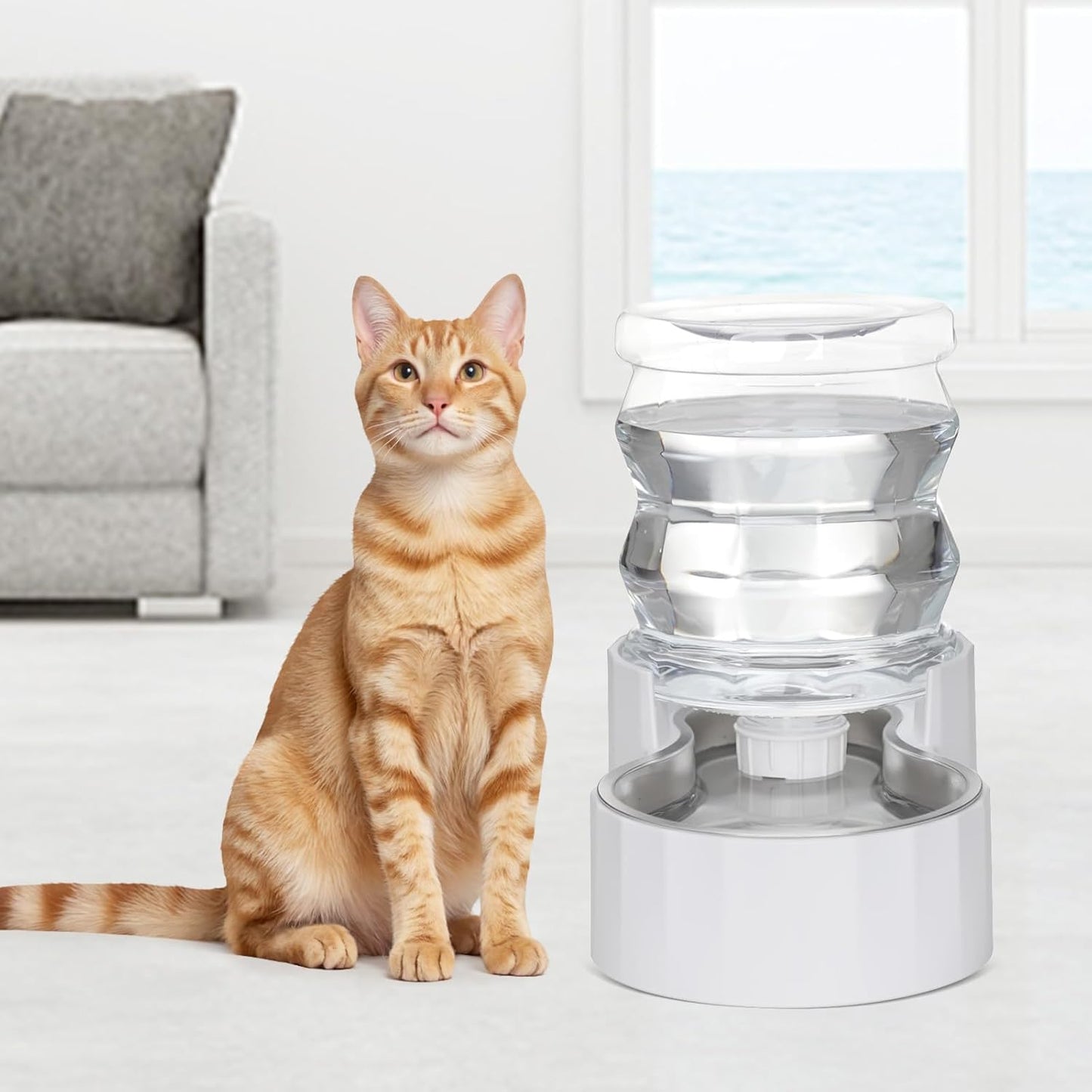 RIZZARI Gravity Water Bowl Dispenser for Cats: 4L White Automatic Stainless Steel Dog Feeder Without Filter - for 8-20LB Elderly Pets with Joint Spine Pain - for Kitchen Bedroom