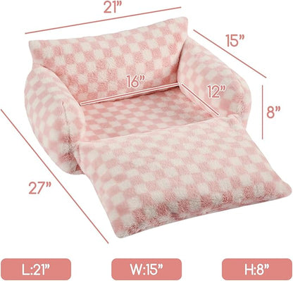 Hollypet Cat Bed Fluffy Plush Mutifuctional Double-Layer Soft Pet Couch Orthopedic Sofa Nest Beds for Small Cats and Dogs, Pink and White (21x15x8 inch)