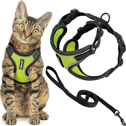 Voyager Escape Proof Cat Harness and Leash Set with Reflective Stitching, Neoprene Handle 5ft - Supports Small, Medium and Large Cats, Kittens for Walking by Best Pet Supplies - Black Trim-Lime, XXXS