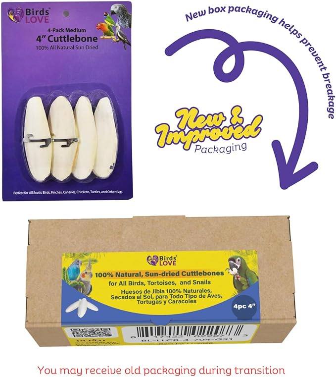 Birds LOVE 4-Piece Cuttlebone 3.5–4-Inch with Holder – Natural Calcium & Trace Mineral Block for Birds & Reptiles – Beak-Trimming Chew Supplement – Safe, 100% Pure, No Fillers