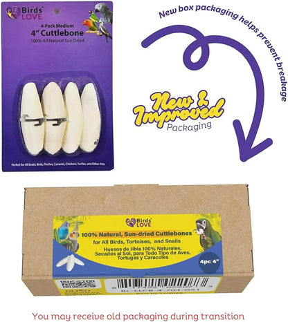 Birds LOVE 4-Piece Cuttlebone 3.5–4-Inch with Holder – Natural Calcium & Trace Mineral Block for Birds & Reptiles – Beak-Trimming Chew Supplement – Safe, 100% Pure, No Fillers