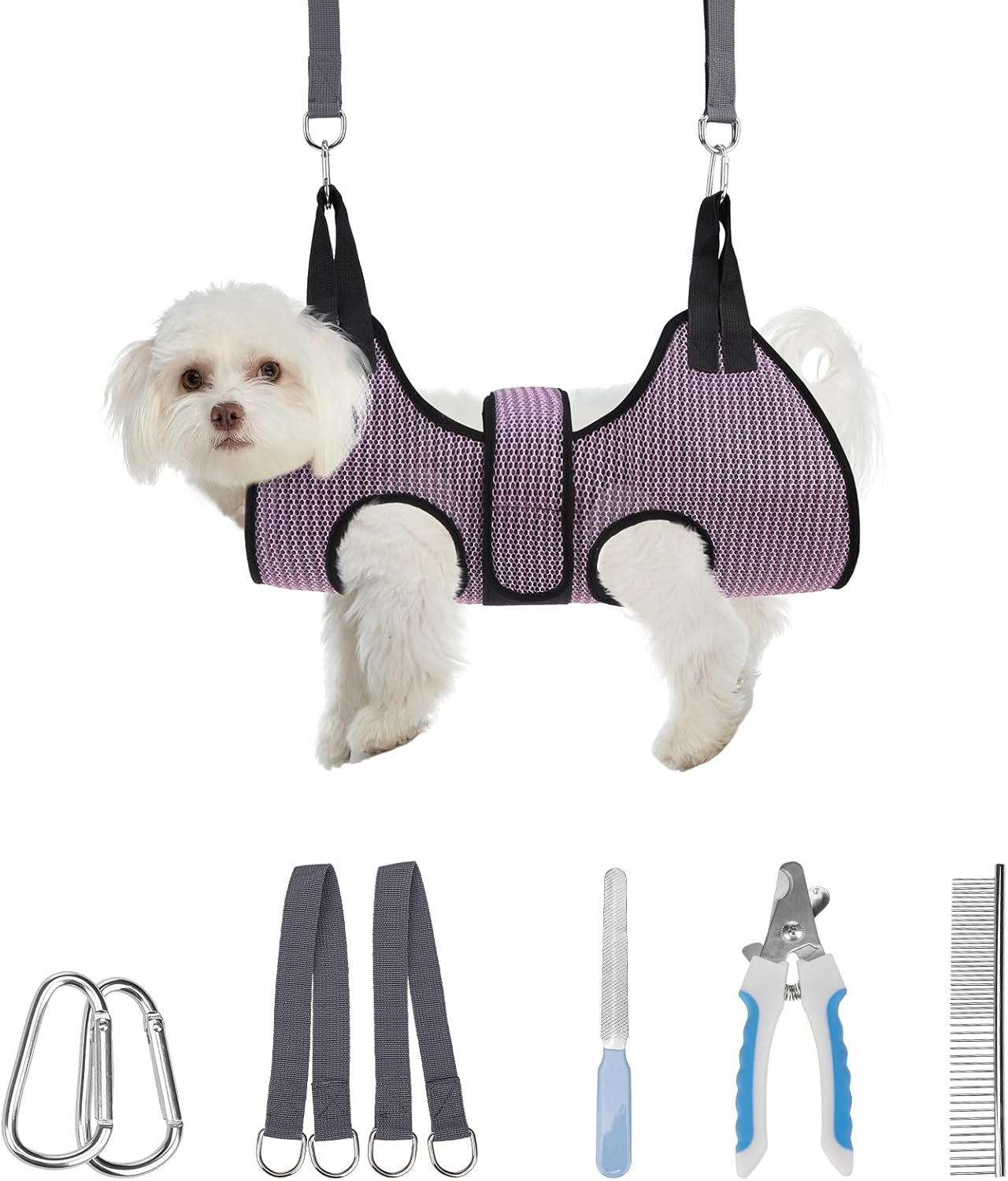 PAWCHIE Dog Grooming Hammock Harness for Dogs & Cats with Pet Nail Clipper Trimmer- Breathable Cat Hanger Sling for Trimming Clipping Nails-Dog Hammock Restraint Bag for Small Medium Large Dog,Pink XS
