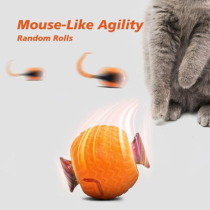 Interactive Cat Toy for Indoor Cats, Speedy Ball with Tail, Automatic Moving Cat Balls for Bored Indoor Adult Cats, 360°Automatic Rolling Ball Toy, Two Speed Adjustment（Orange）