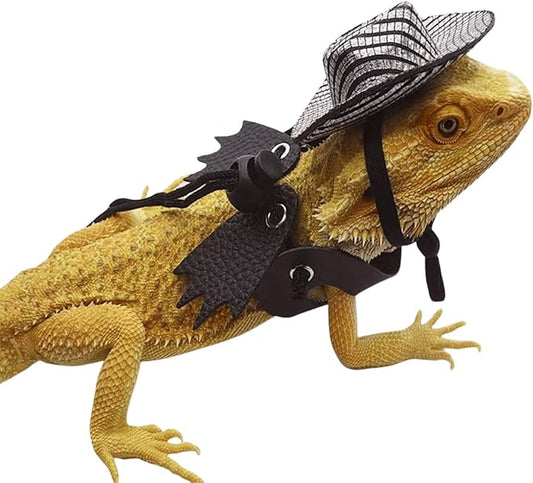 Adjustable Bearded Dragon Leash Harness with Hat Set,3 Size Pack Leather Wings Safty Walking Leash for Bearded Dragon Lizard Reptiles (Silver Hat and Black Harness Set)
