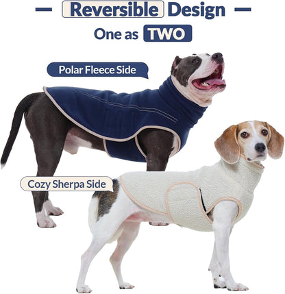 ROZKITCH Reversible Dog Coats for Large Dogs, Windproof Turtleneck Dog Vest Fleece Sherpa Sweater with Embroidery, Adjustable Double-Sided Plush Sweatshirt for Medium Large Breeds DarkBlue 2XL