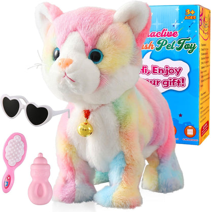 Colorful Robot Kitty Plush Toy, Interactive Meow Kitten, Electronic Pet, Animated Toy Cats for Girls & Kids, L:12"