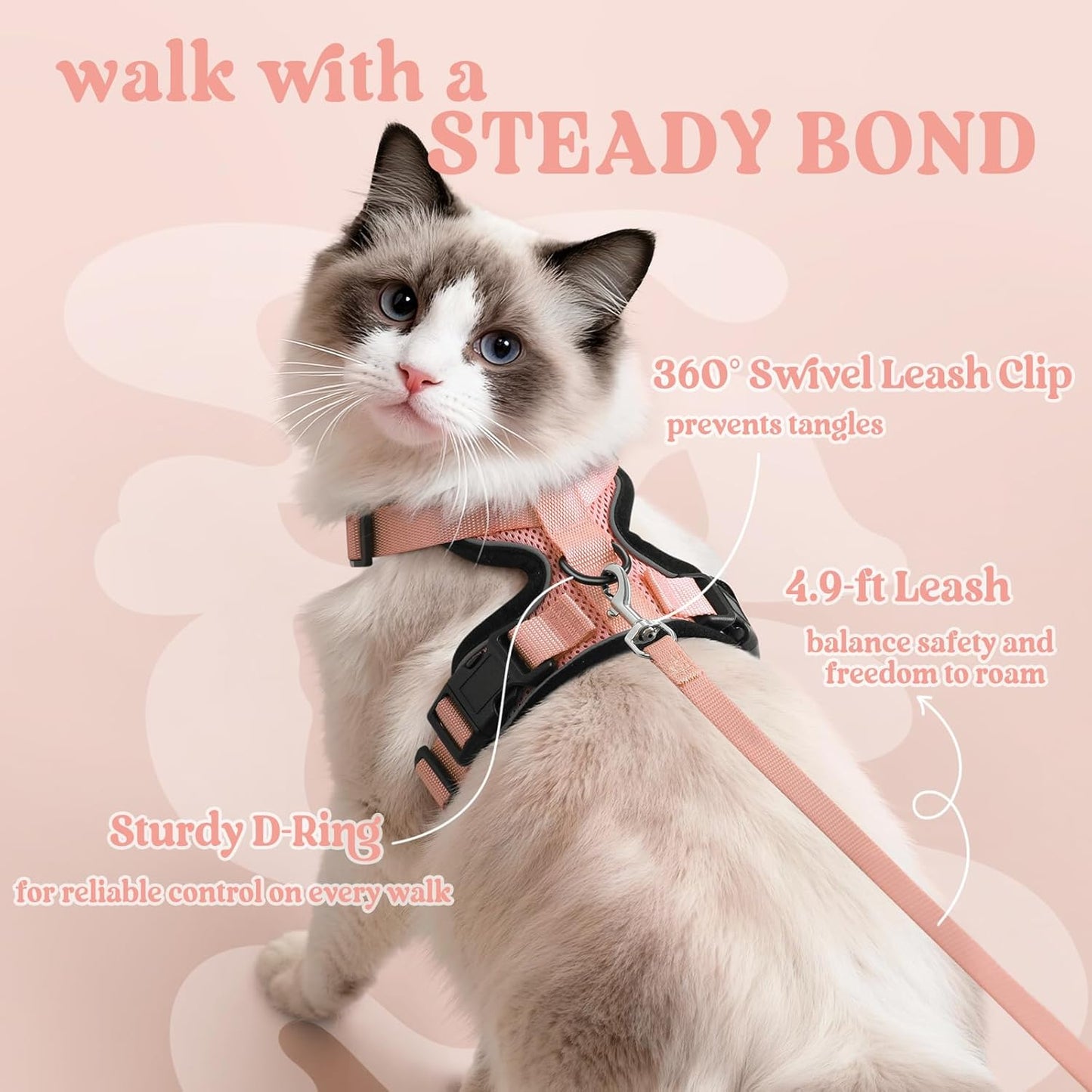 rabbitgoo Cat Harness and Leash for Walking, Escape Proof Soft Adjustable Vest Harnesses for Cats, Easy Control Breathable Reflective Strips Jacket, Light Salmon Pink, M