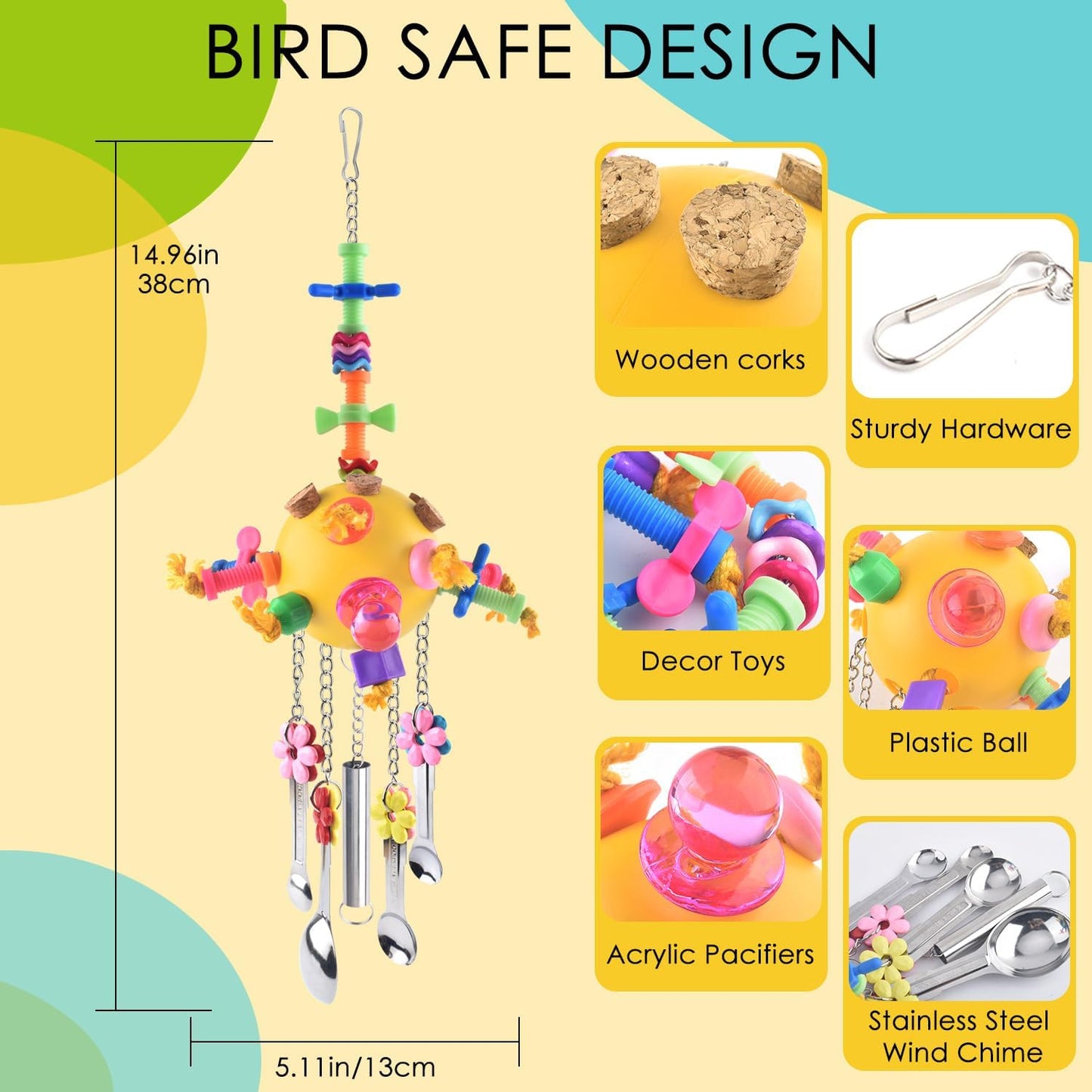 KATUMO Bird Toys, 2PCS Parrot Pull Spoons Colorful Acrylic Stick Chew Toys for Amazon Parrot, Parakeet, African Grey, Conure, Caique, Quaker, Small Cockatoo, Mini Macaw, Eclectus and Similar Birds