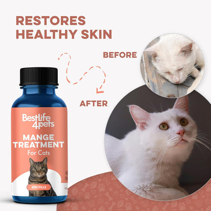 Mange Support for Cats, Natural Cat Itchy Skin, Paws and Ears Relief - Soothes Welts, Scabs, Red and Flaky Skin Reducing Excessive Grooming and Patchy Fur for a Healthy Coat (400 Tiny Tasteless Pills)