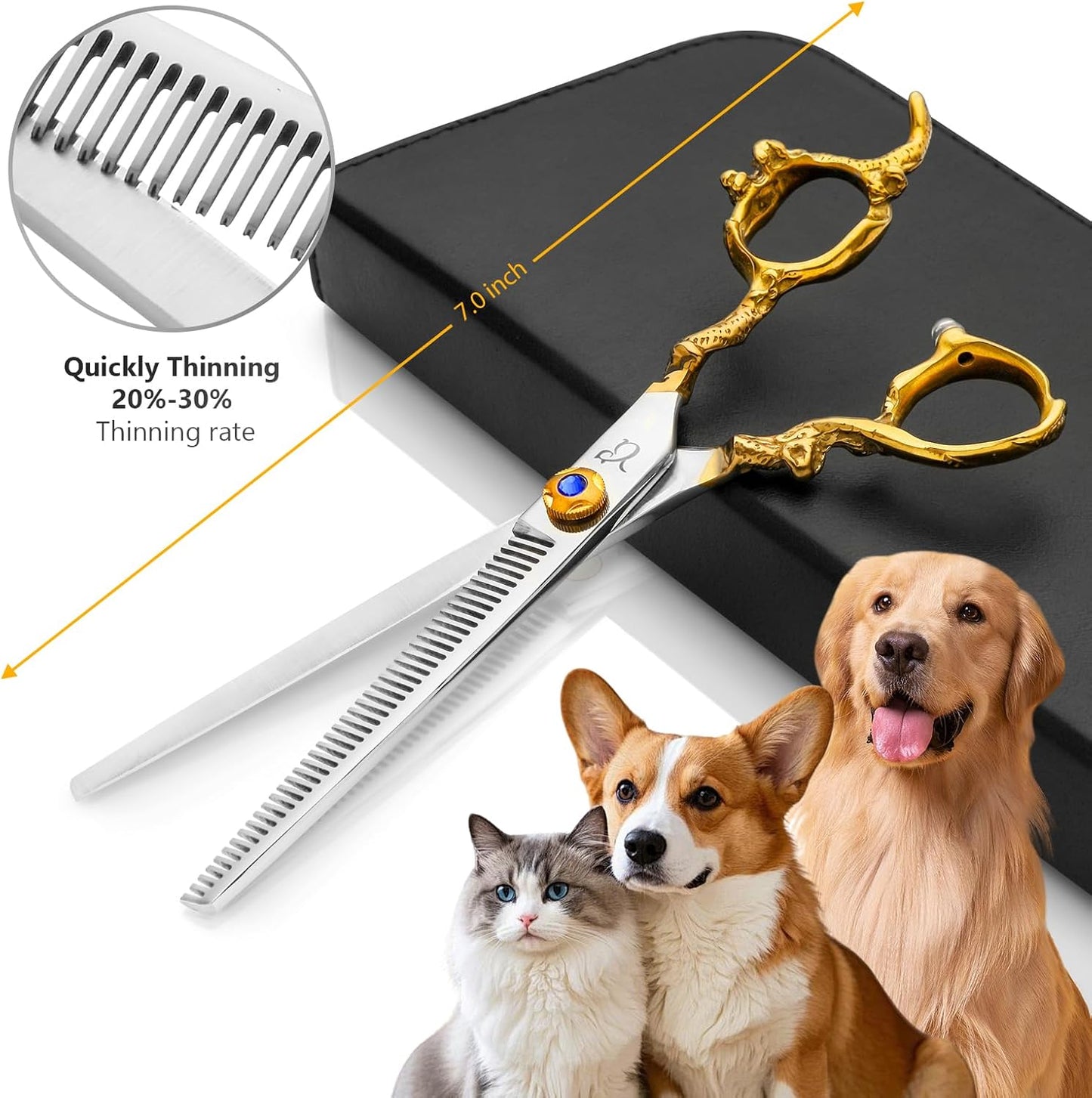 Dog Grooming Scissors,Thinning Shear Chunkers Shears and Curved scissors with Safety Round Tips,Sharp 3 in 1 Dog Scissors for Grooming