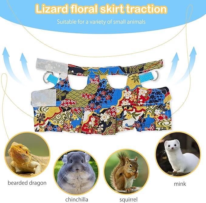 Lizard Harness Dress and Leash, Adjustable Hamster Ferret Harness and Leash Set, No-Pull Walking Vest for Lizard Small Animal Gecko Chameleon (flowercolor M