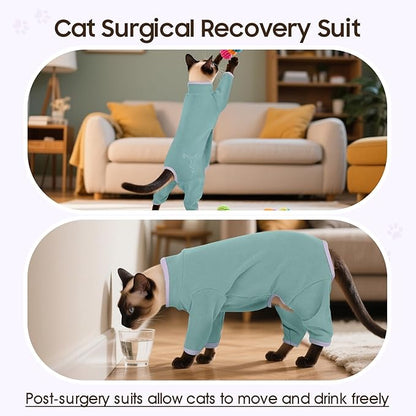 DENTRUN Cat Clothes for Hair Control with Hair Sticky Fabric - Soft Recovery Suit & Breathable Lint-Resistant Cat Sweater for Cats Only, Kitten Onesie Pajamas, S, Bean Green