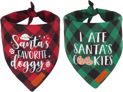 PTDECOR 2 Pack Dog Christmas Bandanas, Classic Red Green Plaid Pet Scarf Triangle Bibs Kerchief Christmas Bandanas for Large and Extra Large Dogs Pets (X-Large)