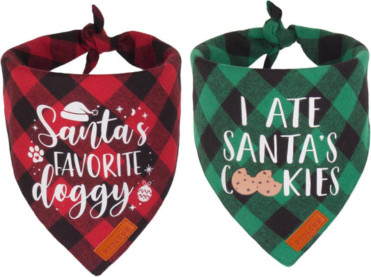 PTDECOR 2 Pack Dog Christmas Bandanas, Classic Red Green Plaid Pet Scarf Triangle Bibs Kerchief Christmas Bandanas for Large and Extra Large Dogs Pets (X-Large)