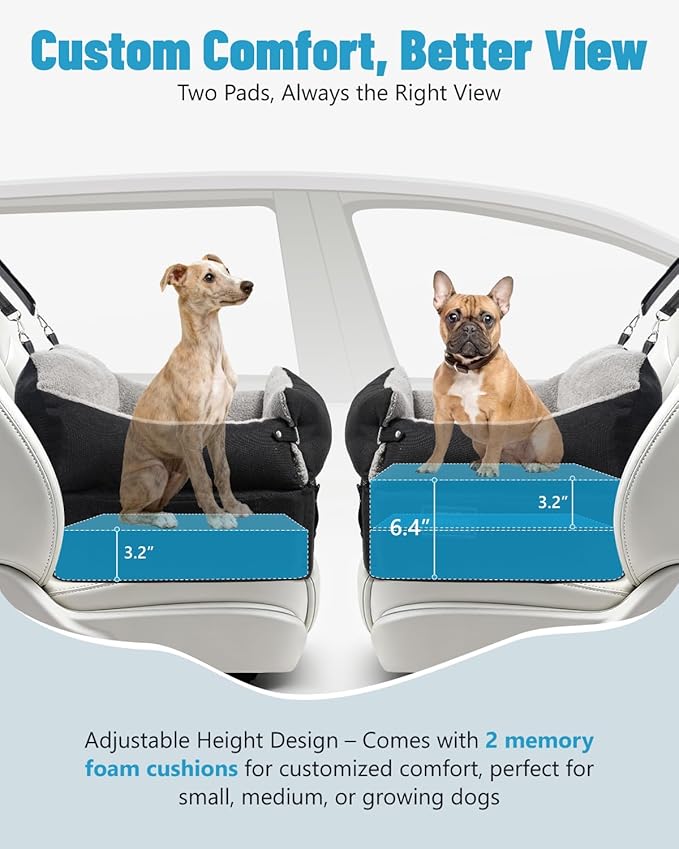EASTBLUE Dog Car Seat for Small Medium Dogs Up to 35 lbs, 2 Memory Foam Pads Dog Booster Car Seat with Seat Belt, Washable Pet Carseat for Puppy & Cat, Dogs Travel Bed for Cars (Black/Grey)