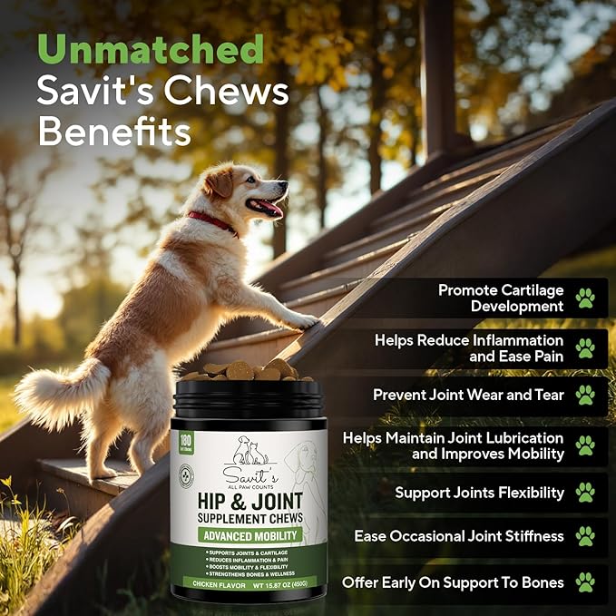 Savit's Dog Hip and Joint Supplement Chews - Dog Joint Supplement for Mobility - Canine Hip Support Pain Relief Supplements with Glucosamine, Turmeric, Chondroitin - Chicken Flavored - 180 Soft Chews