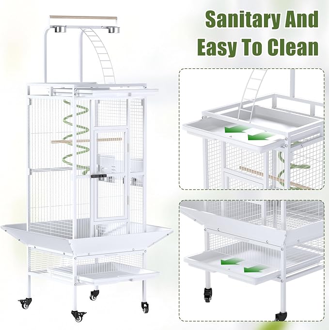61 Inch Large Bird Cage with Rolling Stand, Heavy-Duty Wrought Iron Birdcage with Ladder, Playtop Parrot Cage for Parrots, Cockatiels, Budgies, Lovebirds, Small/Medium Birds