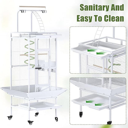 61 Inch Large Bird Cage with Rolling Stand, Heavy-Duty Wrought Iron Birdcage with Ladder, Playtop Parrot Cage for Parrots, Cockatiels, Budgies, Lovebirds, Small/Medium Birds